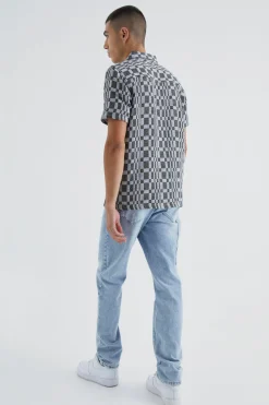 Short Sleeve Zip Through Space Dye Check Overshirt | BoohooMAN UK