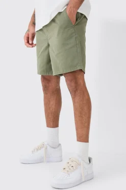 Shorter Length Relaxed Fit Elasticated Waist Chino Shorts In Khaki | BoohooMAN UK