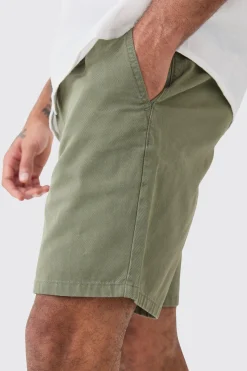 Shorter Length Relaxed Fit Elasticated Waist Chino Shorts In Khaki | BoohooMAN UK