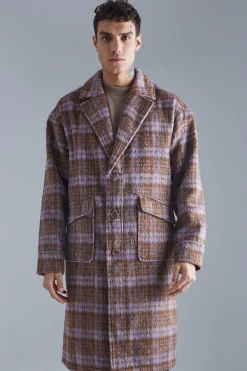 Single Breasted Brushed Check Overcoat | BoohooMAN UK