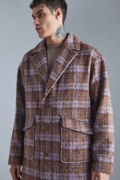 Single Breasted Brushed Check Overcoat | BoohooMAN UK