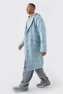 Single Breasted Brushed Check Overcoat | BoohooMAN UK