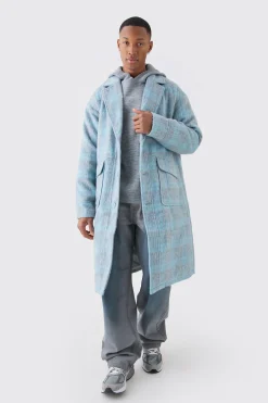 Single Breasted Brushed Check Overcoat | BoohooMAN UK