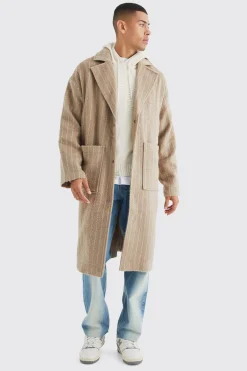 Single Breasted Brushed Stripe Overcoat | BoohooMAN UK