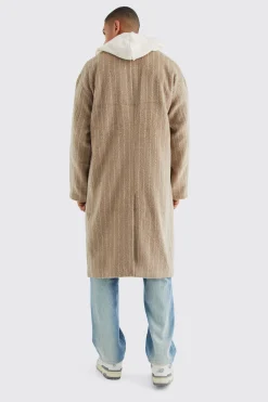 Single Breasted Brushed Stripe Overcoat | BoohooMAN UK