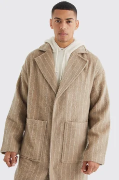 Single Breasted Brushed Stripe Overcoat | BoohooMAN UK