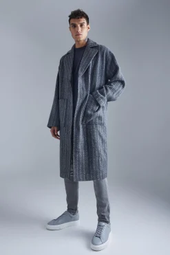 Single Breasted Brushed Stripe Overcoat | BoohooMAN UK