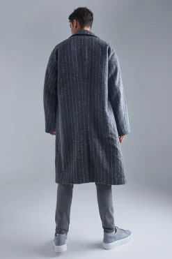 Single Breasted Brushed Stripe Overcoat | BoohooMAN UK