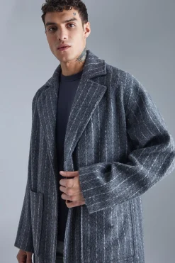 Single Breasted Brushed Stripe Overcoat | BoohooMAN UK