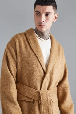 Single Breasted Brushed Wool Look Belted Overcoat | BoohooMAN UK