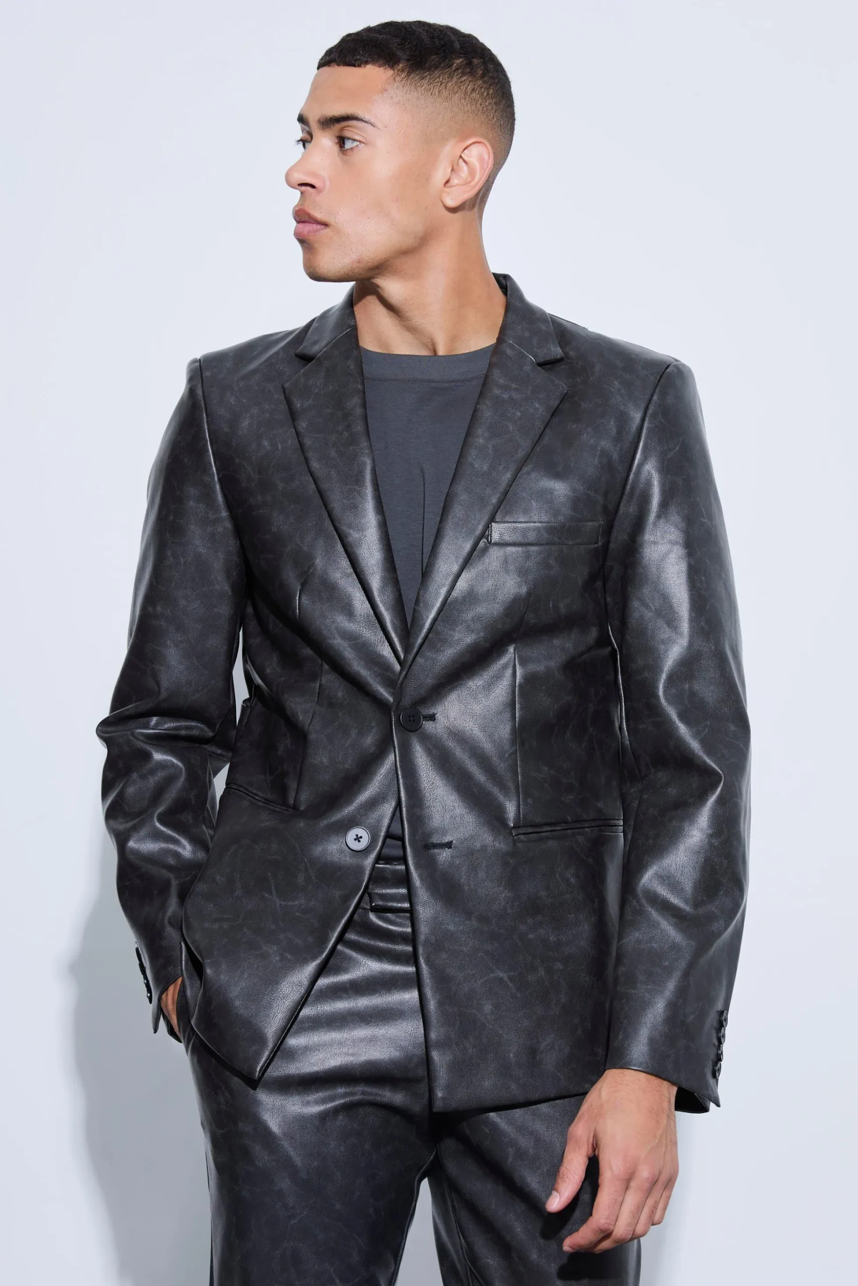 Single Breasted Cut Out Pu Blazer | BoohooMAN UK