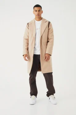 Single Breasted Melton Overcoat With Pu | BoohooMAN UK