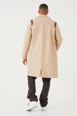 Single Breasted Melton Overcoat With Pu | BoohooMAN UK