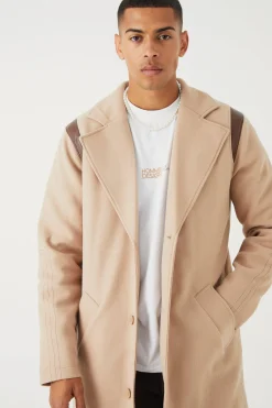 Single Breasted Melton Overcoat With Pu | BoohooMAN UK
