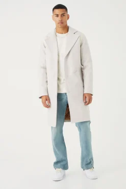 Single Breasted Melton Overcoat With Pu | BoohooMAN UK