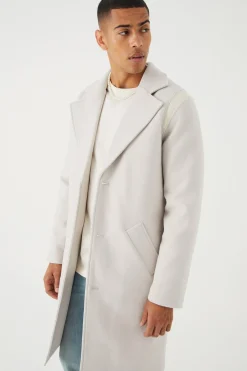 Single Breasted Melton Overcoat With Pu | BoohooMAN UK