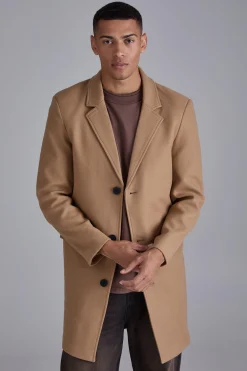 Single Breasted Wool Look Overcoat In Camel | BoohooMAN UK