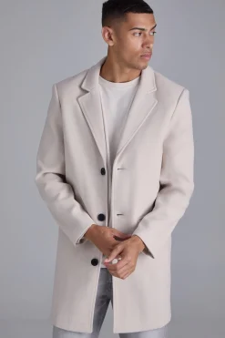 Single Breasted Wool Look Overcoat In Beige | BoohooMAN UK
