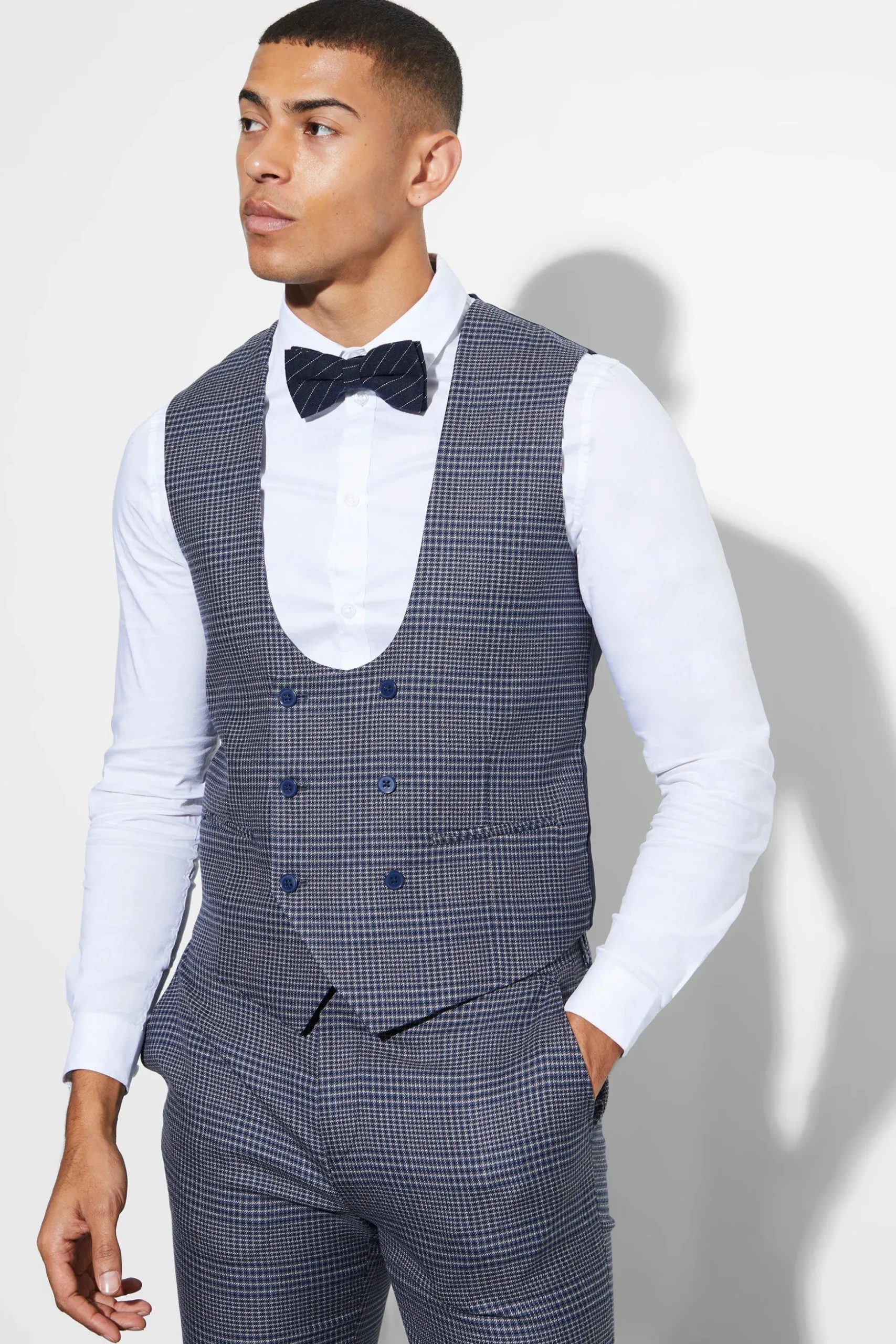 Skinny Double Breasted Check Waistcoat | BoohooMAN UK