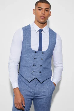Skinny Double Breasted Micro Check Waistcoat | BoohooMAN UK