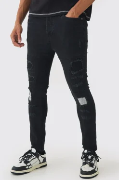 Skinny Fit Biker Ripped Patchwork Jeans | BoohooMAN UK