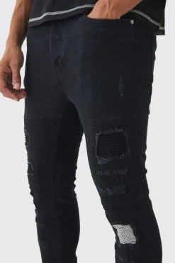 Skinny Fit Biker Ripped Patchwork Jeans | BoohooMAN UK