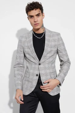 Skinny Fit Check Suit Jacket | BoohooMAN UK