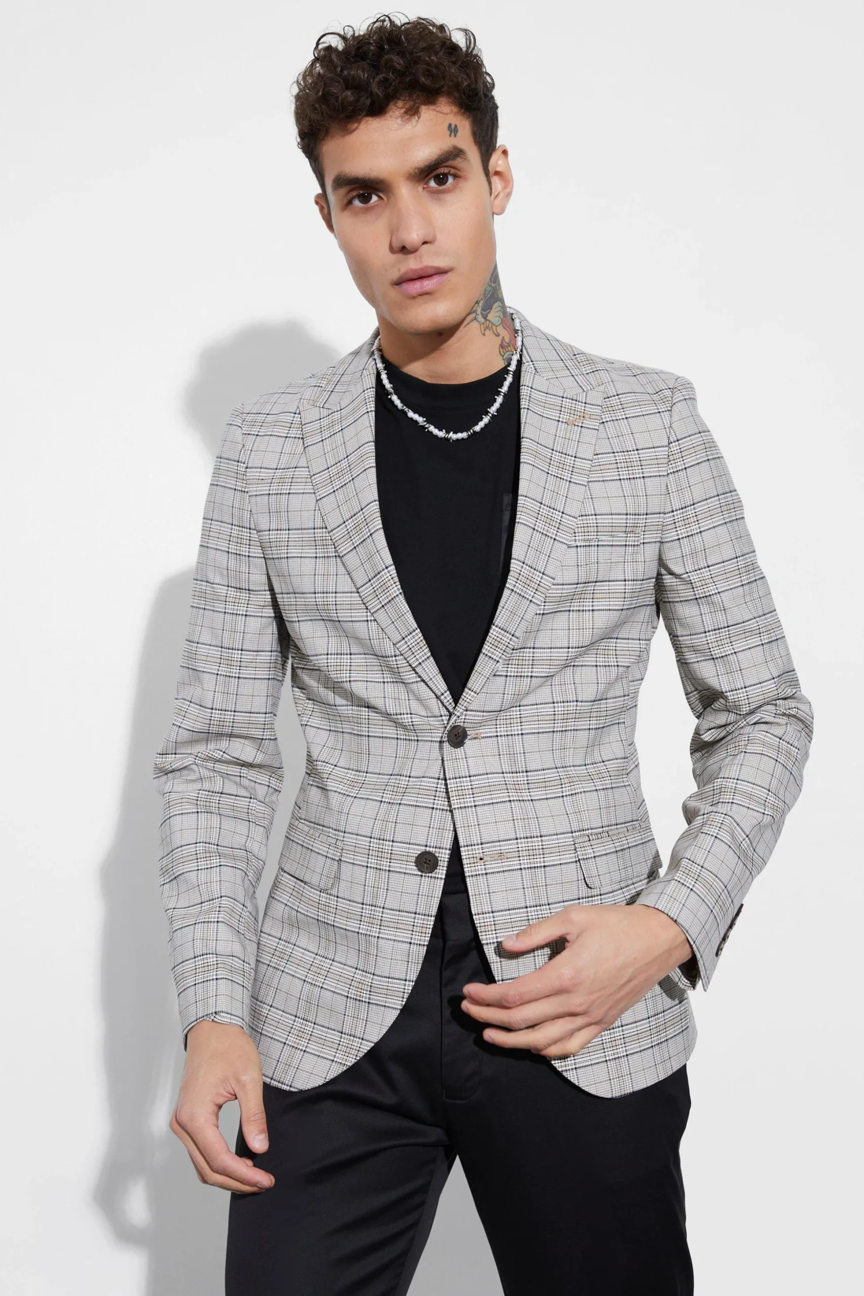 Skinny Fit Check Suit Jacket | BoohooMAN UK