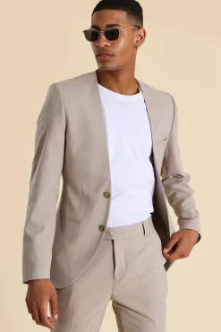 Skinny Fit Collarless Single Breasted Blazer | BoohooMAN UK