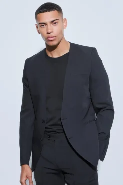 Skinny Fit Collarless Single Breasted Blazer | BoohooMAN UK