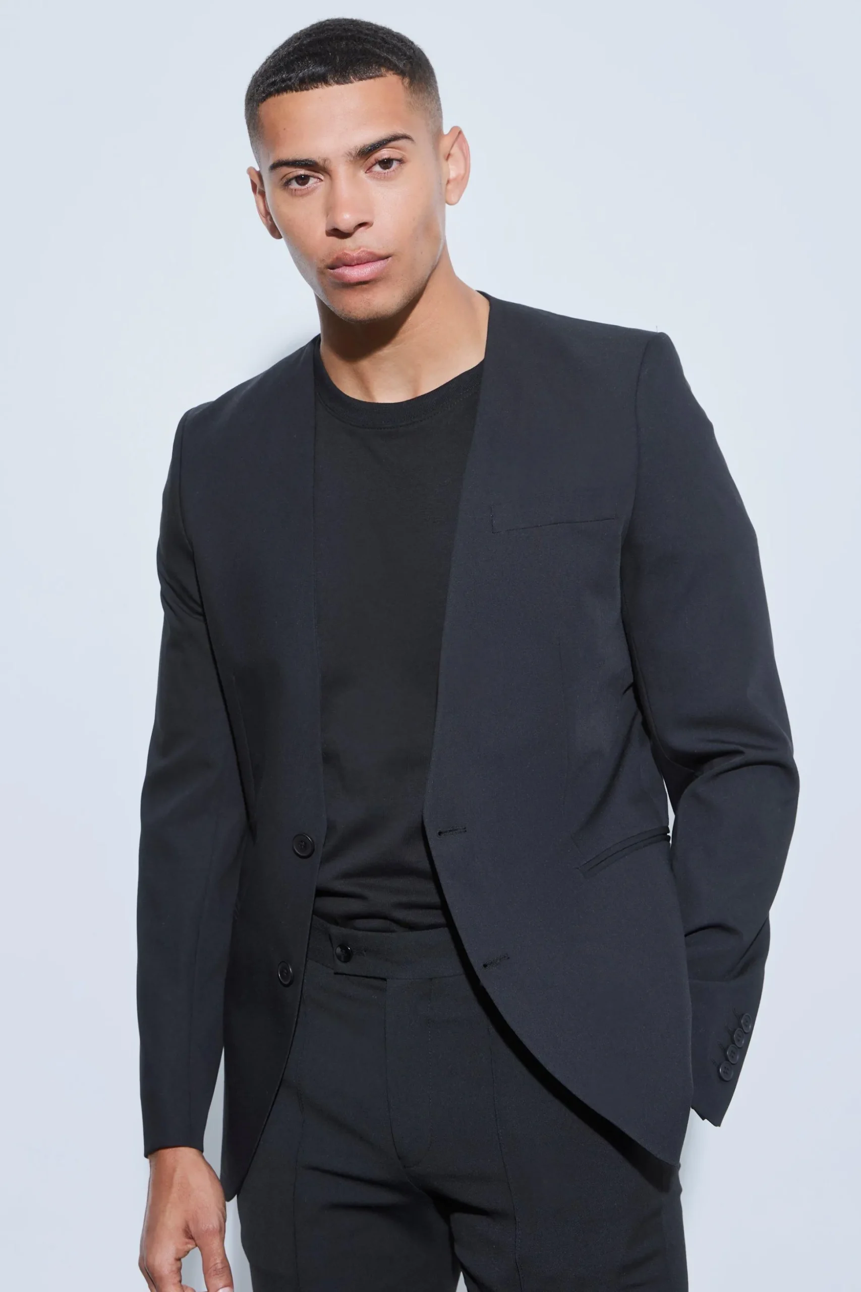 Skinny Fit Collarless Single Breasted Blazer | BoohooMAN UK