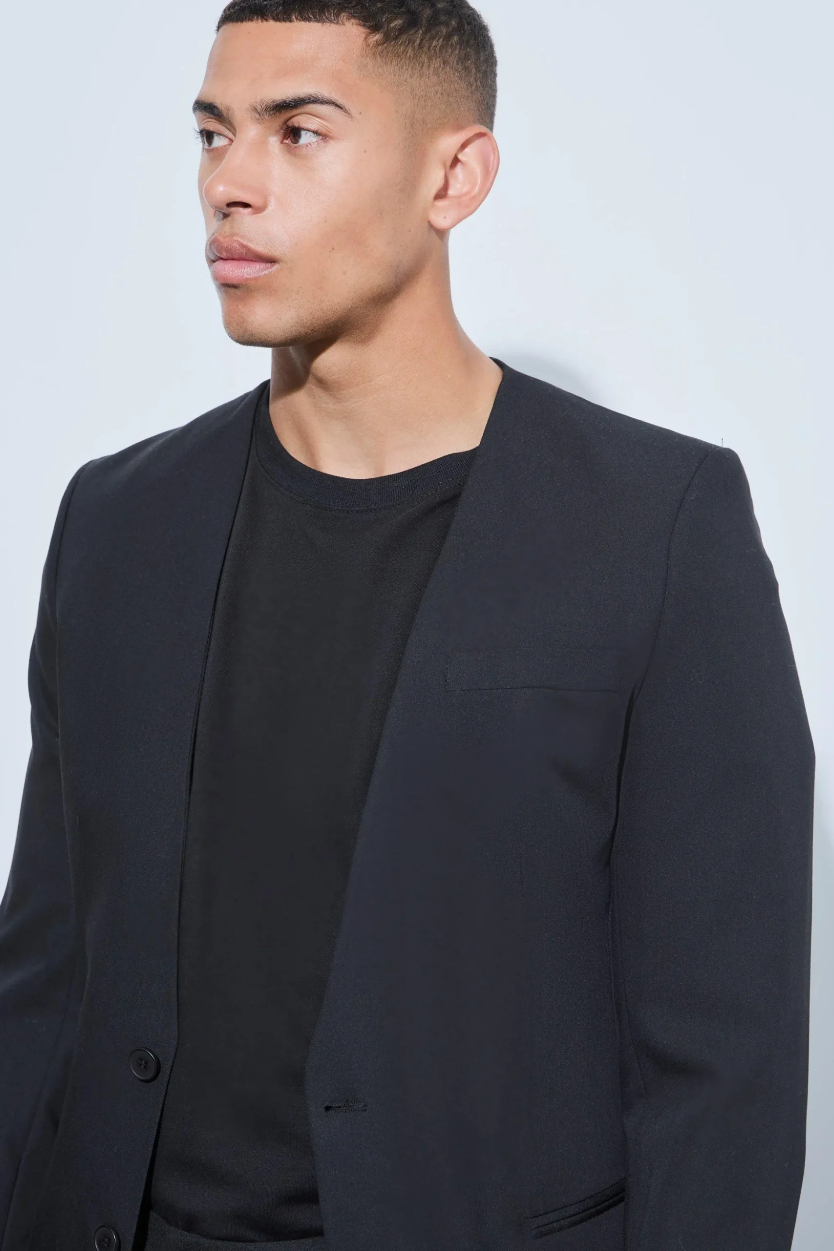 Skinny Fit Collarless Single Breasted Blazer | BoohooMAN UK