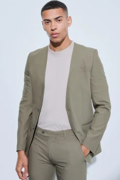 Skinny Fit Collarless Single Breasted Blazer | BoohooMAN UK