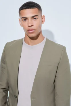 Skinny Fit Collarless Single Breasted Blazer | BoohooMAN UK