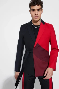 Skinny Fit Colour Block Wrap Front Suit | BoohooMAN UK