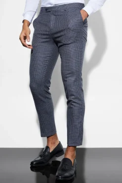 Skinny Fit Cropped Check Suit Trousers | BoohooMAN UK