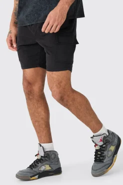 Skinny Fit Elasticated Waist Cargo Shorts In Black | BoohooMAN UK