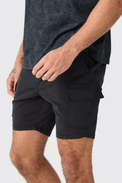 Skinny Fit Elasticated Waist Cargo Shorts In Black | BoohooMAN UK