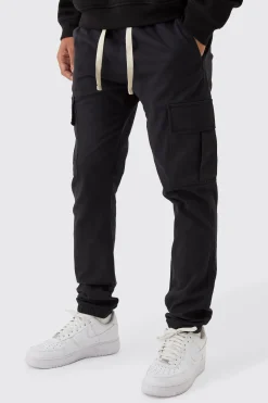 Skinny Fit Elasticated Waist Cuffed Cargo Trousers | BoohooMAN UK