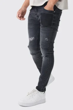 Skinny Fit Graffiti Ripped Jeans With Chain | BoohooMAN UK