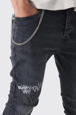 Skinny Fit Graffiti Ripped Jeans With Chain | BoohooMAN UK