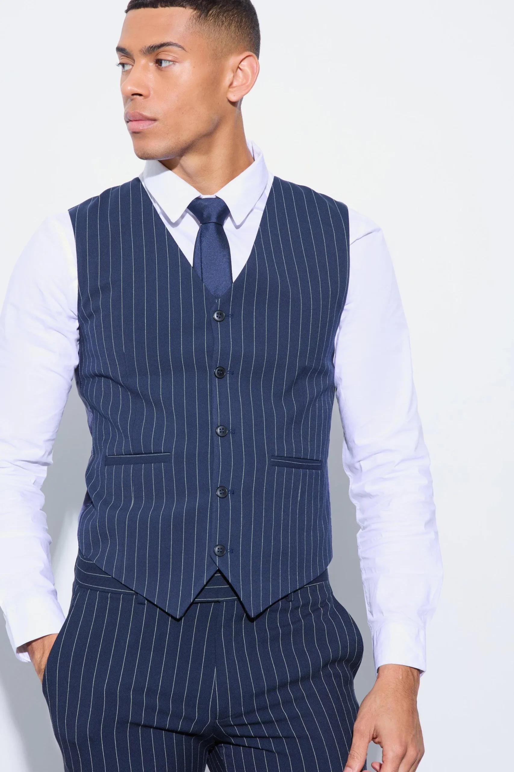 Skinny Fit Pinstripe Double Breasted Suit | BoohooMAN UK