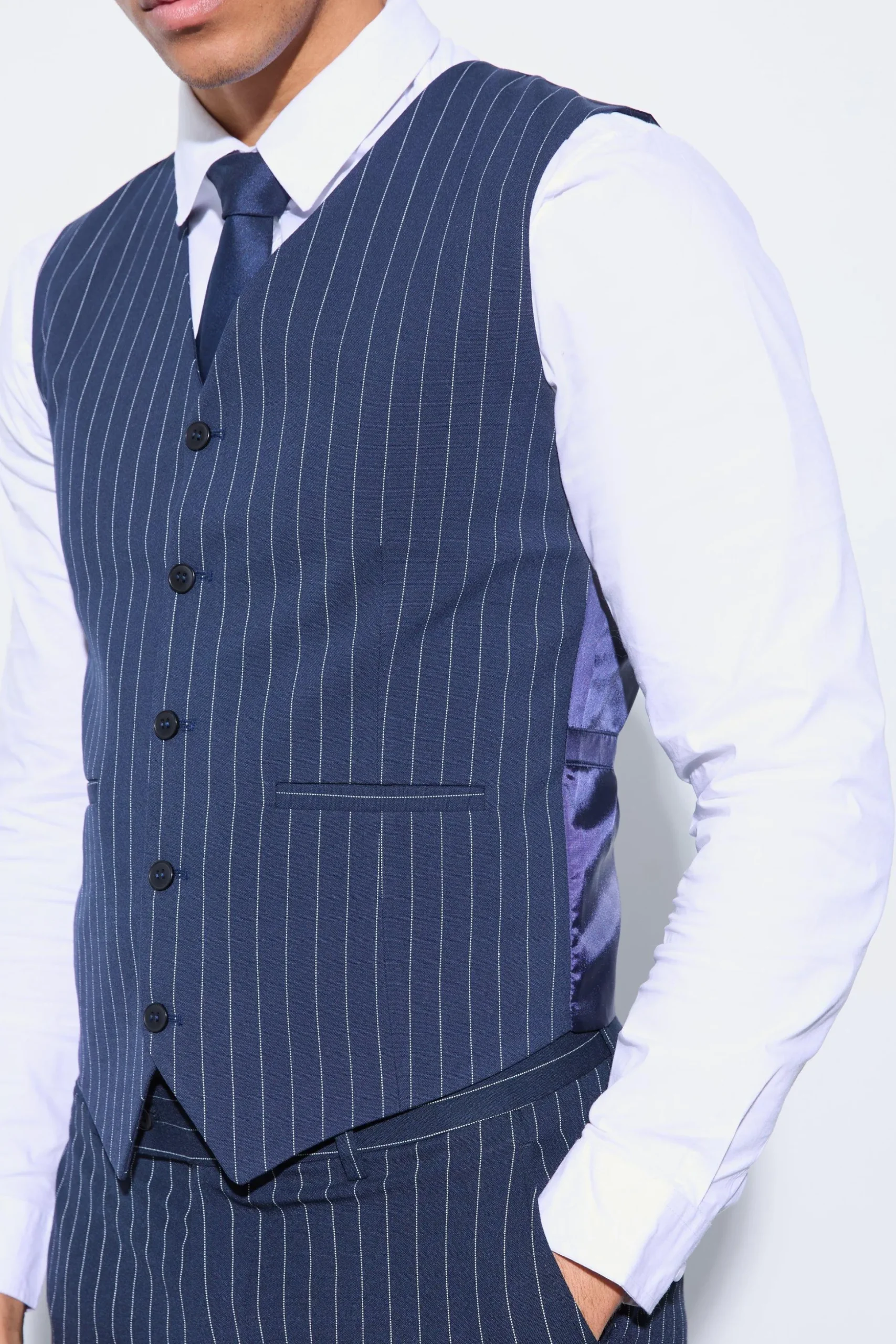 Skinny Fit Pinstripe Double Breasted Suit | BoohooMAN UK