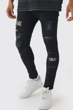 Skinny Fit Rip & Repair Paisley Leopard Jeans | BoohooMAN UK