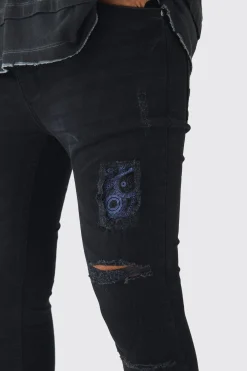 Skinny Fit Rip & Repair Paisley Leopard Jeans | BoohooMAN UK