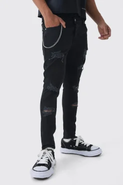 Skinny Fit Ripped Jeans With Chain | BoohooMAN UK