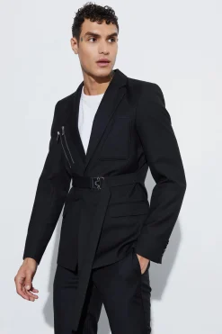 Skinny Fit Single Breasted Wrap Belt Blazer | BoohooMAN UK