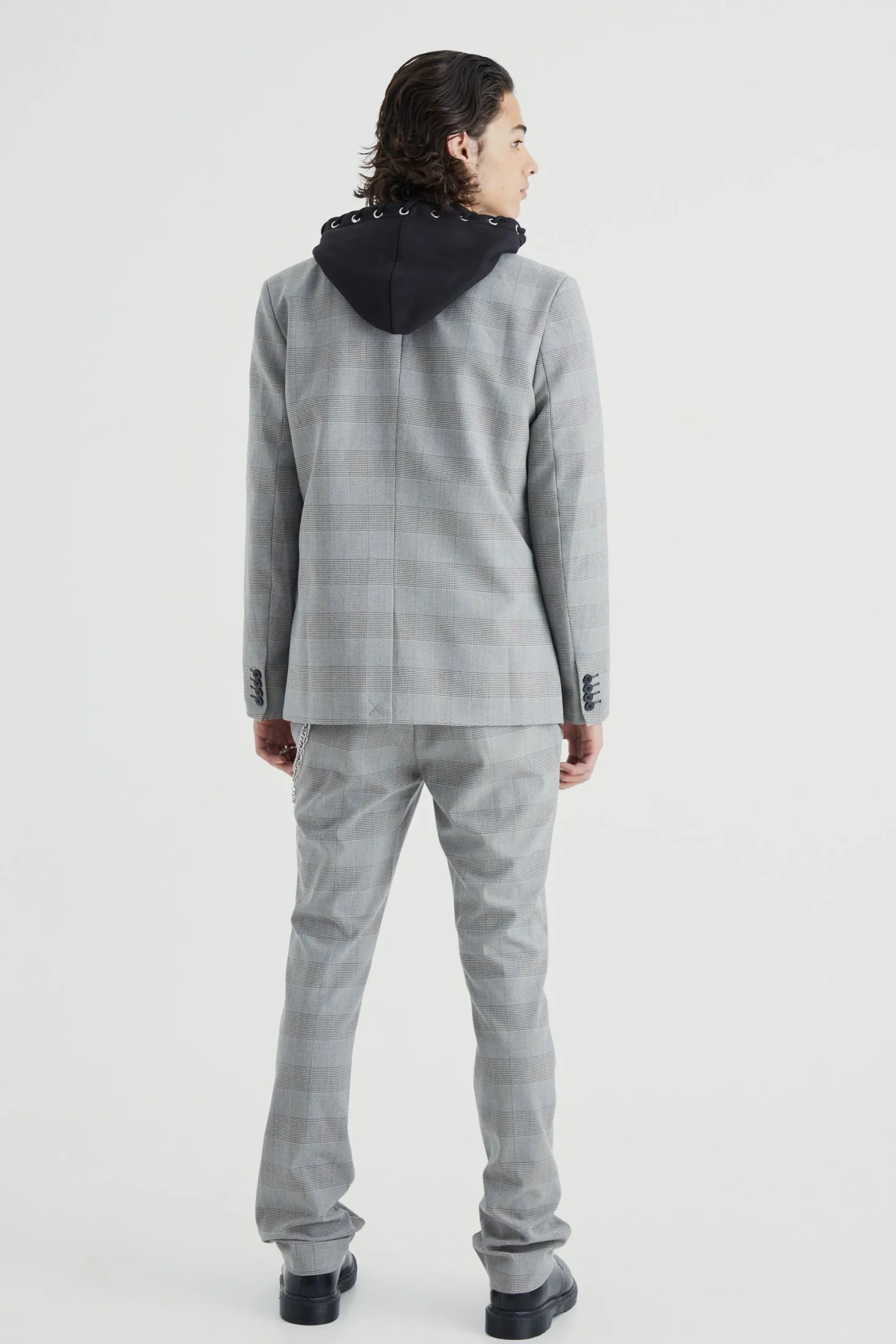 Skinny Flare Pow Check Trouser With Chain | BoohooMAN UK