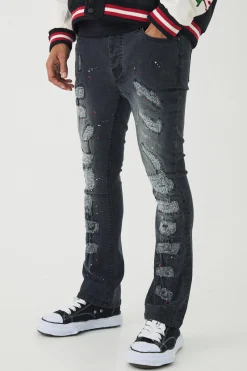 Skinny Flared Ripped Stitch Detail Paint Splatter Jeans | BoohooMAN UK