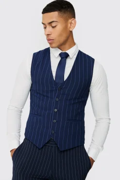 Skinny Navy Pinstripe Waistcoat | BoohooMAN UK